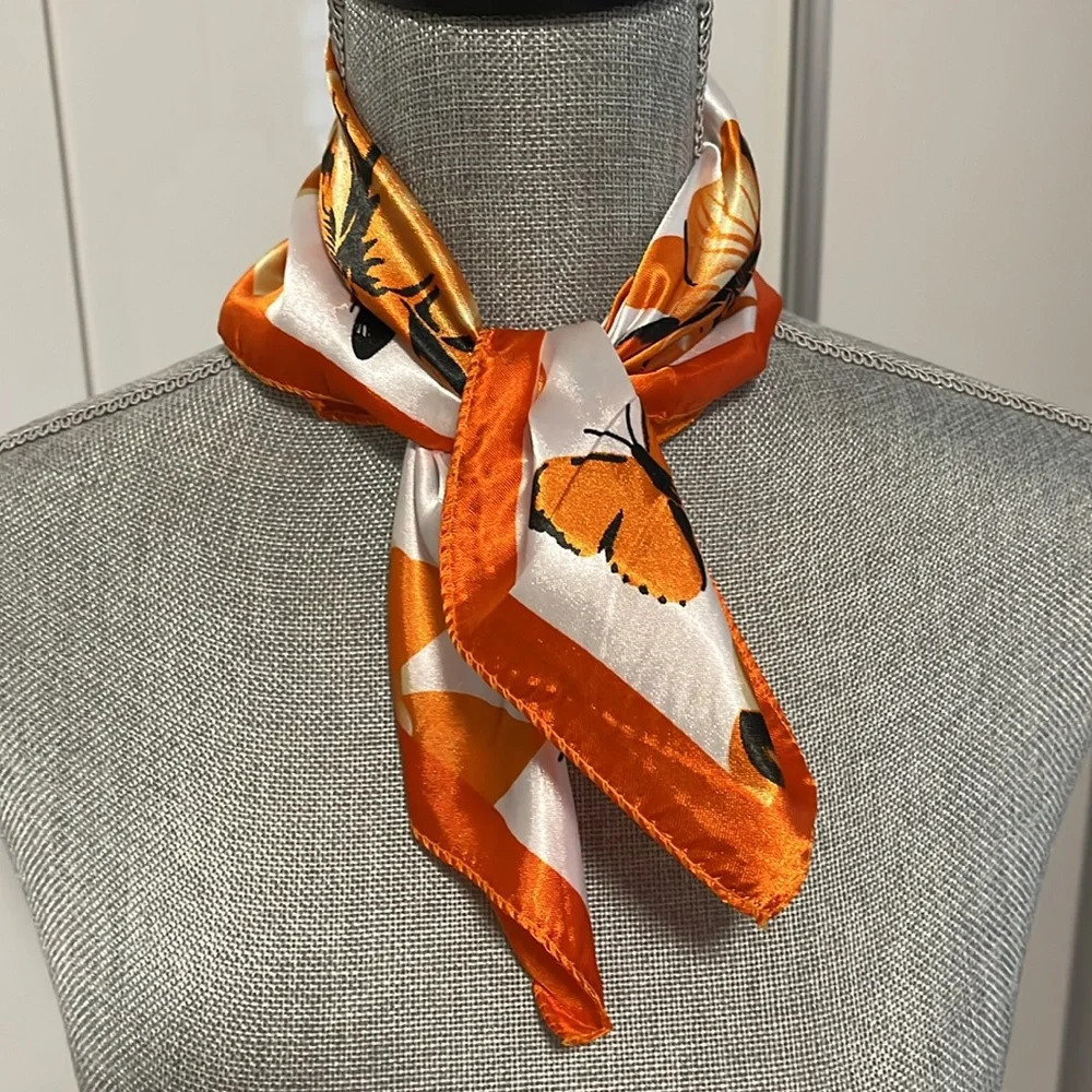 NWOT Silky Square Butterfly Scarf Orange Black White, Size 20x20 inch